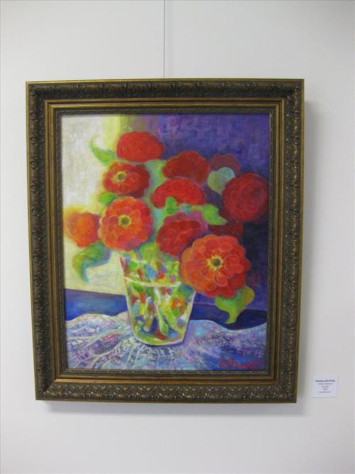 "Zinnias with Doily"